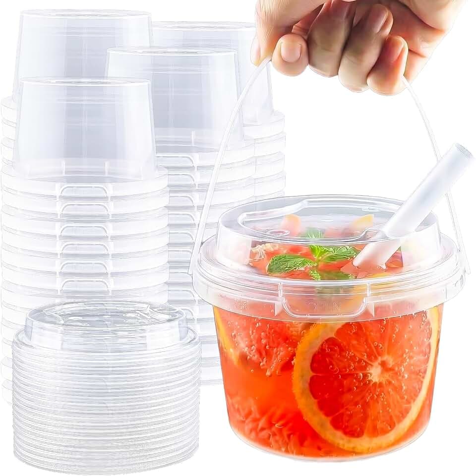 20 Set 16 oz Drink Bucket, Clear Plastic Cups with Lids and Straws