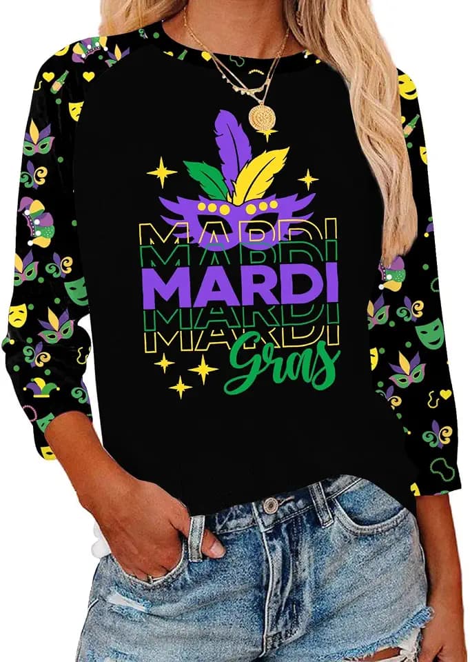 Mardi Gras Shirts for Women: Carnival Graphic 3/4 Sleeve New Orleans Mardi Gras Party Outfits Fat Tuesday Tops