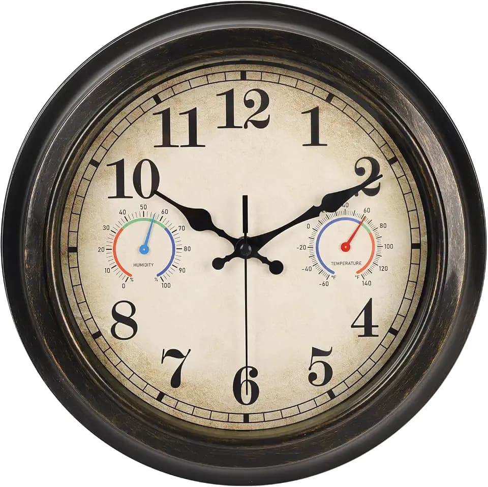 12 Inch Indoor Outdoor Vintage Wall Clock Battery Operated Silent, Bronze