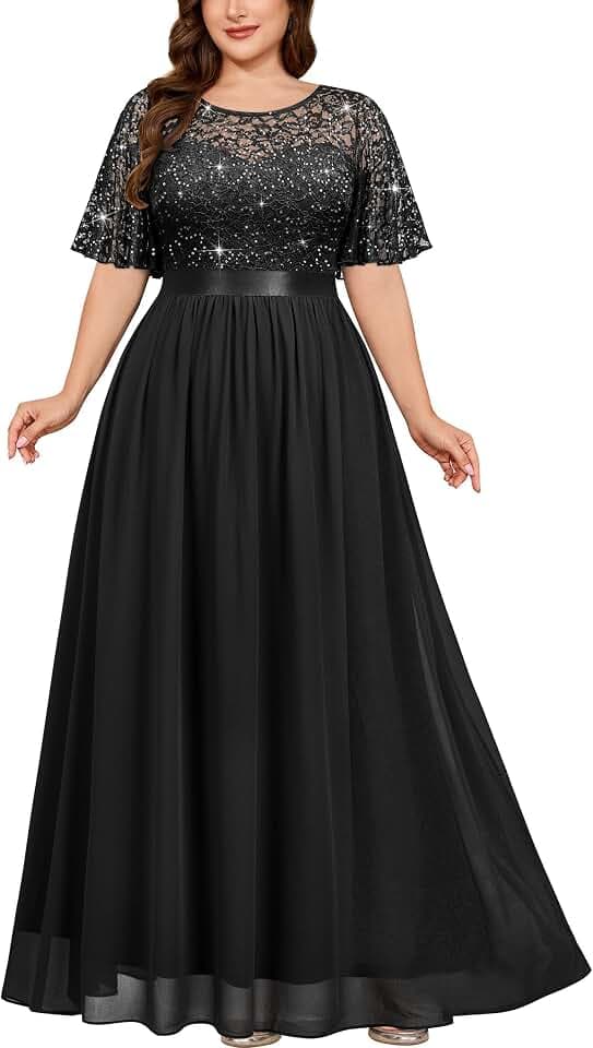 Miusol Women's Plus Sequin Lace Flutter Sleeves Mother of the Bride Dress