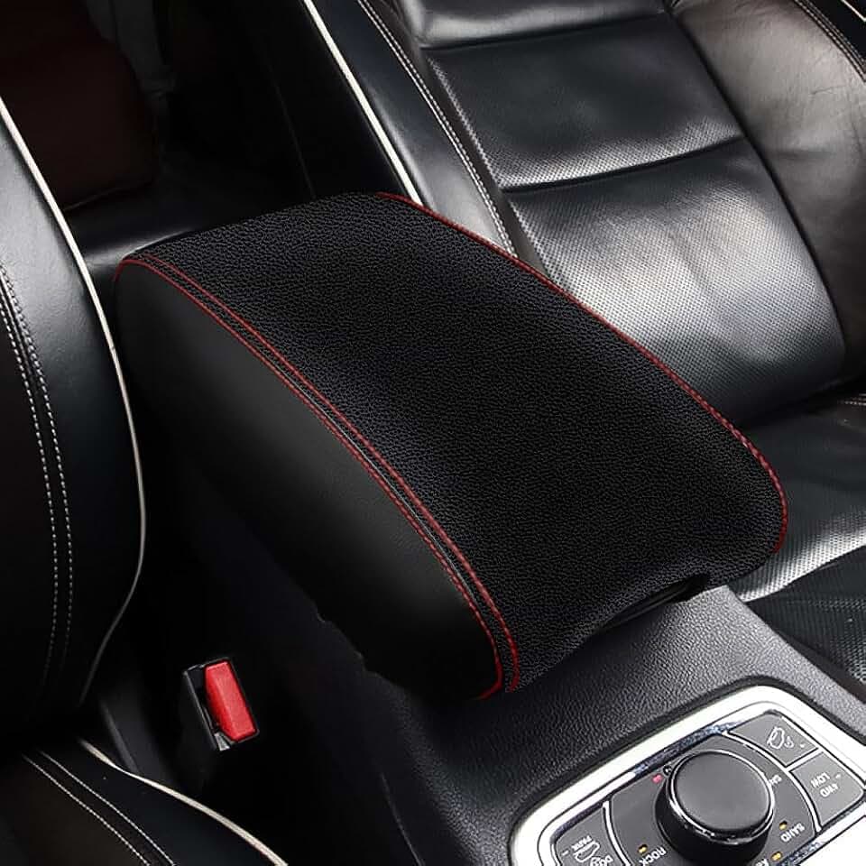 Car Center Console Armrest Cover for Jeep Grand Cherokee 2011-2020 2021 Accessories Arm Rest Box Pad Console Lid Protection Saver for Grand Cherokee Console Cover (Black red line)