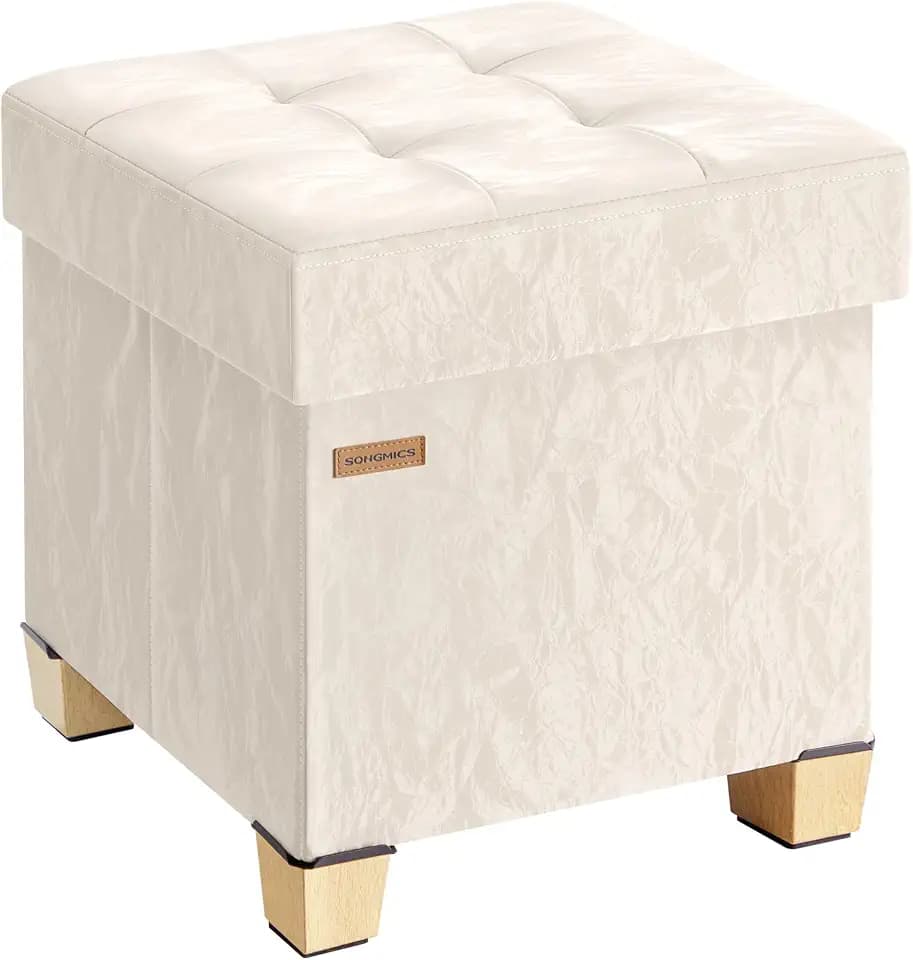 SONGMICS Storage Ottoman, Textured PU Leather Footstool with Cushion