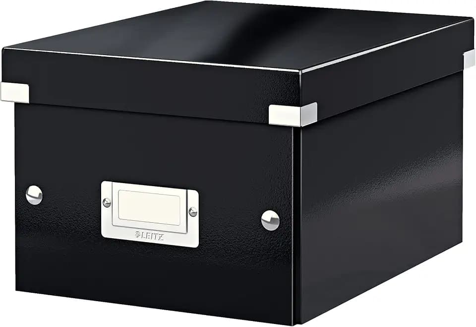 Leitz Click & Store Aufbewahrungsbox mit Deckel Klein, Box für Unterlagen bis A5 im Büro u. Haushalt, Transportbox aus 84% recycelter Premium-Hartpappe, Etikettenhalter, Schwarz, 60430095