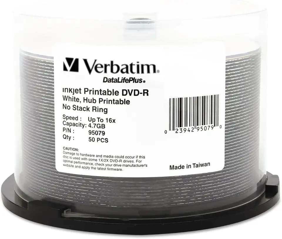 Verbatim DataLifePlus DVD-R 4.7GB 16X Hub Printable Discs, 50 Pack