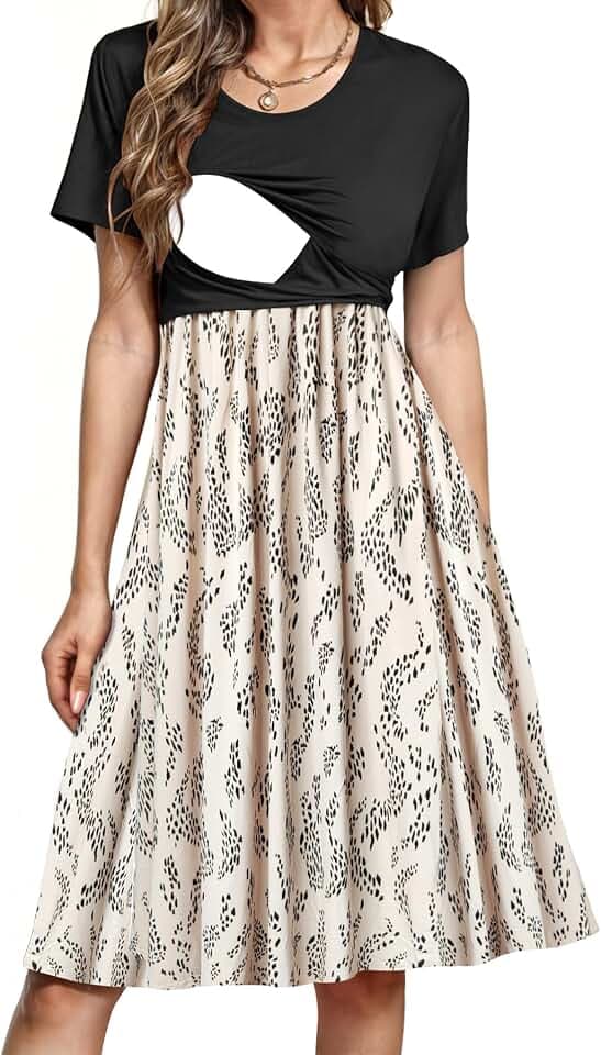 PARNIXS Damen Stillkleid Sommer Kurzarm Patchwork Schwangerschaft Kleidung mit Taschen