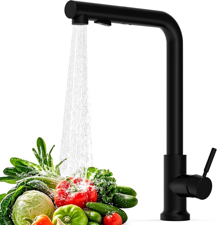 Wasserhahn Küche Schwarz, Küchenarmatur Ausziehbar mit Brause, 360° Schwenkbar Zwei Sprühfunktionen, Hochdruck Mischbatterie Spültischarmatur Küche, Edelstahl