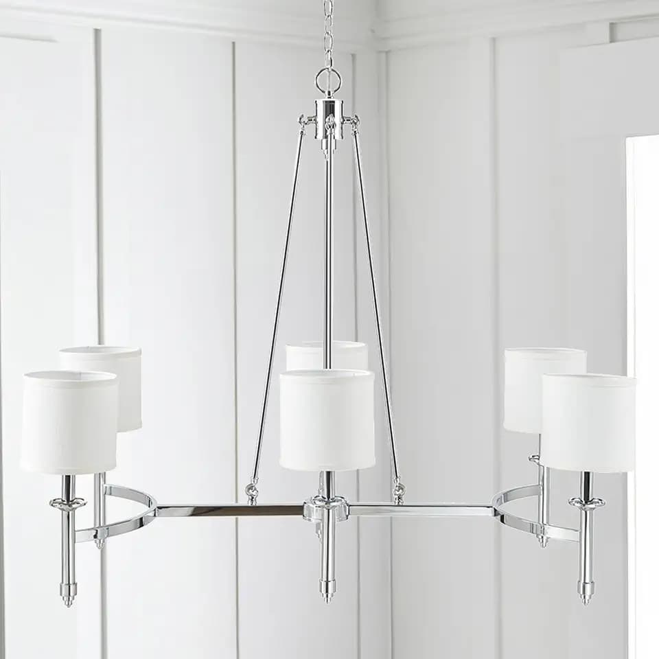 Hampton Hill 6-Light Chandelier for Bedroom Eleganza Farmhouse Inspired Bedford Collection, Curved Metal Frame, Height Adjustable Dining Room Chandelier, Easy Installation, 39.25" W, Chrome