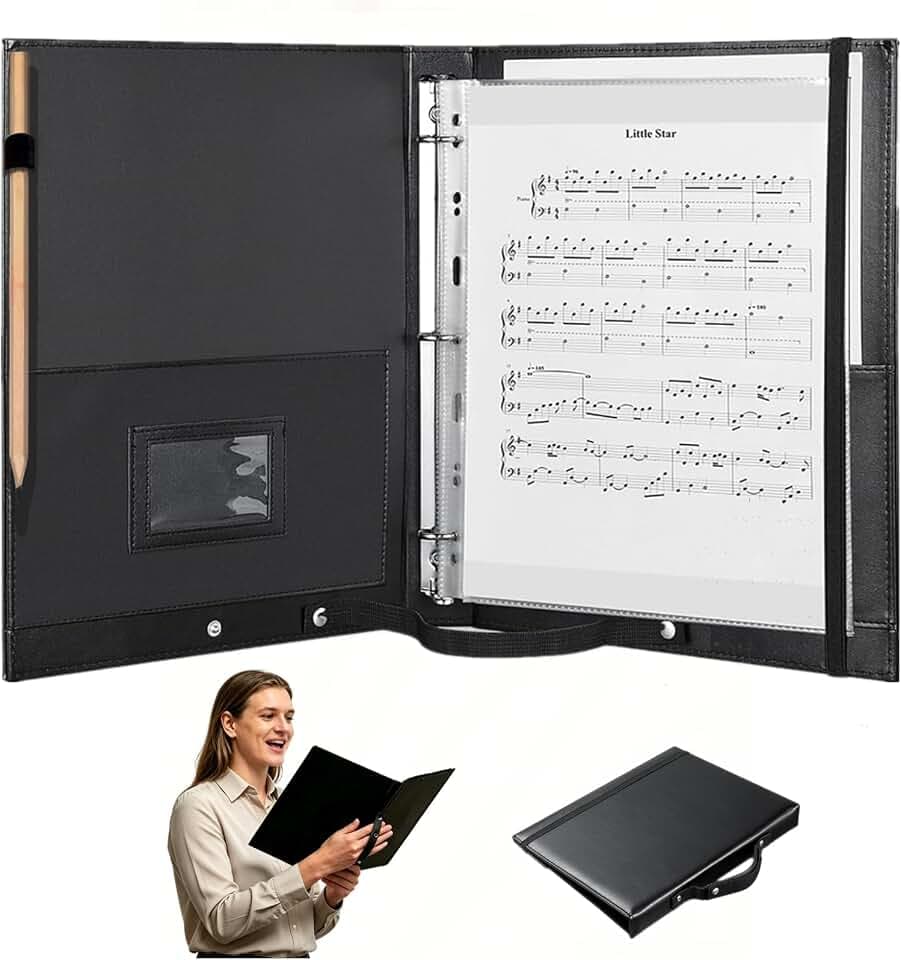 Premium Choral Muisc Ordner, 21,6 x 27,9 cm, PU-Chormappe mit Handschlaufe und interner Haltegurt, schwarzer Chorordner für Musiker, Sänger, Bühnenauftritte