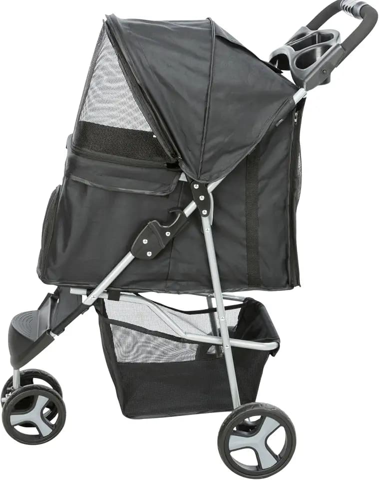 TRIXIE Foldable Pet Stroller for Cats and Dogs, Pet Carrier Strolling Cart with Weather Cover, Storage Basket, Cup Holder, Black