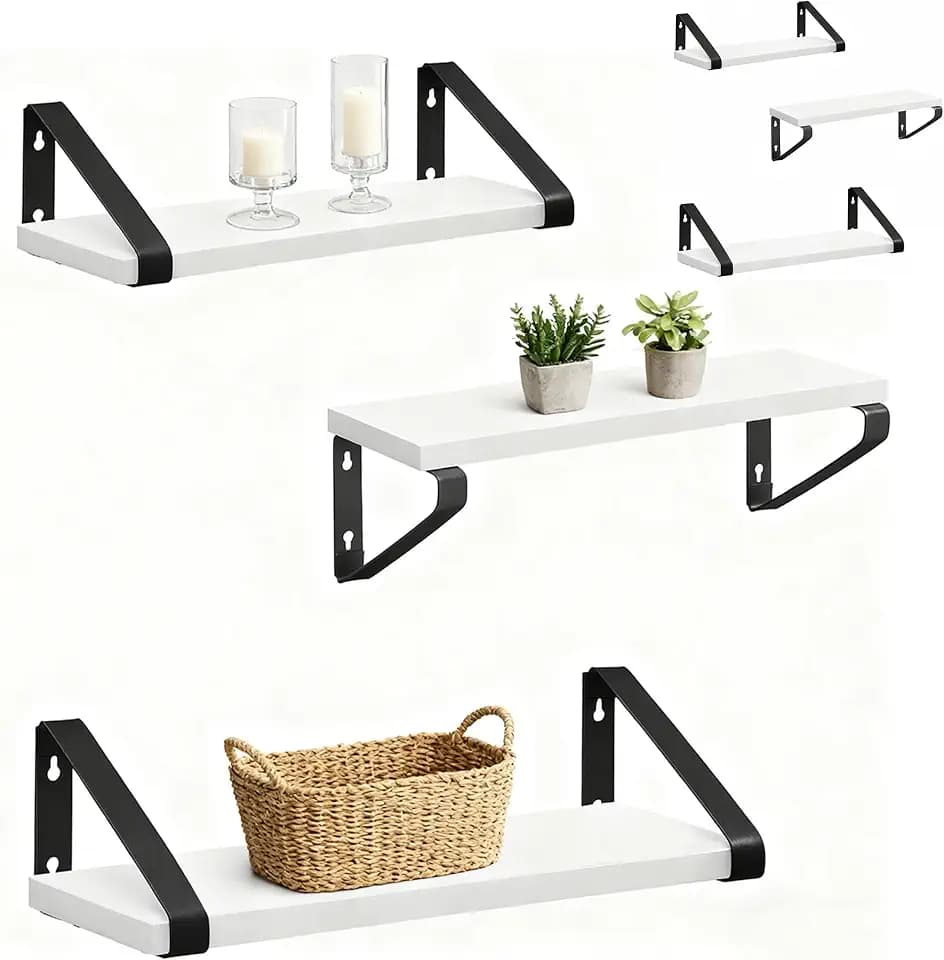 Relaxdays Wandregal, 6er Set, 3 Größen: 30, 35, 40 cm Breite, Holzoptik & Metall, Wandbretter für Bücher & Deko, weiß