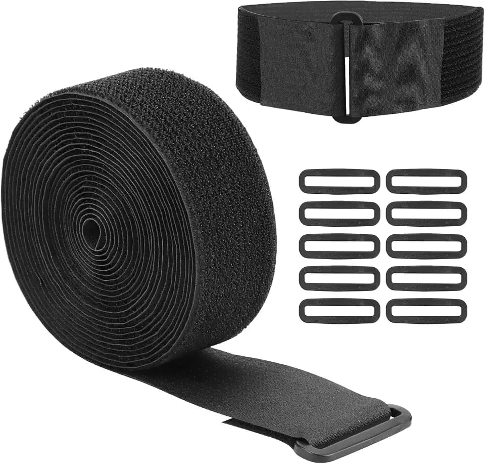 QWORK® 5m x 5cm Klettband mit 10 Schnallen - Flexibel Zuschneidbar Schwarz für Kabelmanagement und Nähen