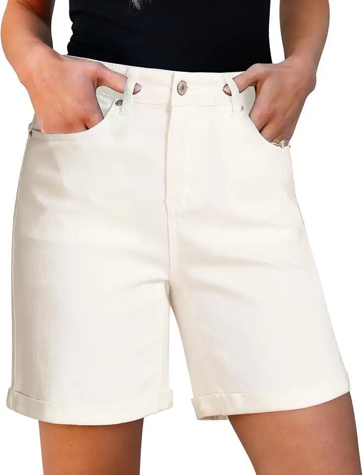 Utyful Jean Shorts for Women High Waisted Mid Thigh Fold Hem 7 Inch Inseam Stretchy Long Denim Shorts Casual Summer Jorts
