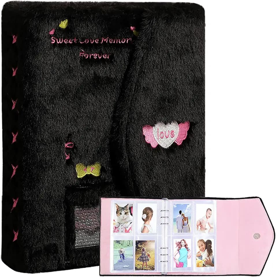 A5 Binder Fotokartenalbum Plüsch Kpop Fotokarten Halter Buch mit 20 Blätter 3 Zoll Fotoalbumhüllen in Loseblatt nachfüllbar 6 Ringe Binder Abdeckung Buch für Bildkarten Lagerung (Schwarz)