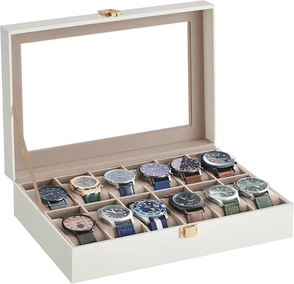 SONGMICS Uhrenbox mit 12 Fächern, Glasdeckel, PU-Bezug