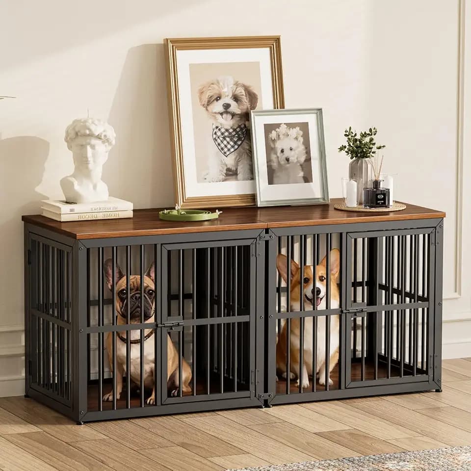 Lyromix 54'' Dog Crate Furniture for 2 Puppy Small Dogs, Walnut