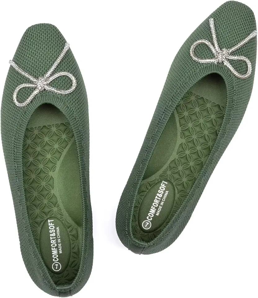 Frank Mully Ballet Flats for Women Square-Toe Flats with Rhinestone Bow Knot Casual Knitted Flat Shoes for Dressy/Office/Everyday Wear
