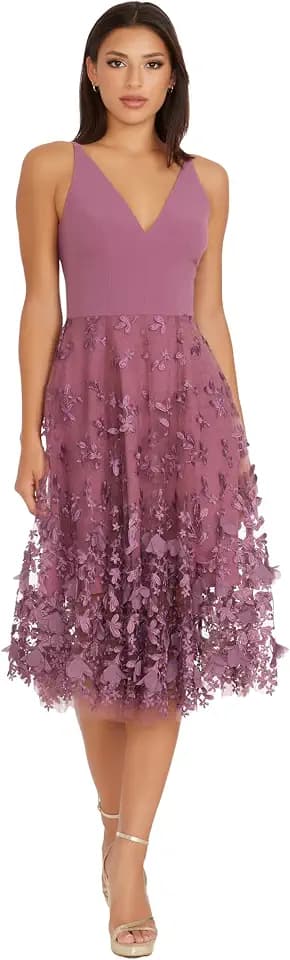 Dress the Population Women's Darleen Sleeveless Plunging Neckline Fit and Flare Midi Dress