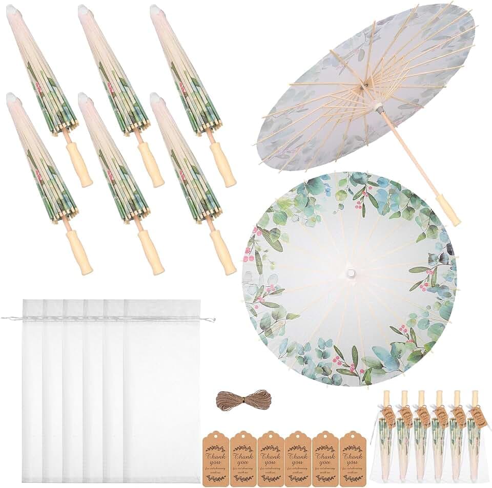 6 Sets 60 cm Hochzeitspapier-Sonnenschirm-Set, Dankeskarten, weiße Kordelzugbeutel, Gastgeschenke, Eukalyptusblatt, chinesisch, japanisch, DIY, geöltes Papier, Regenschirm für Fotografie