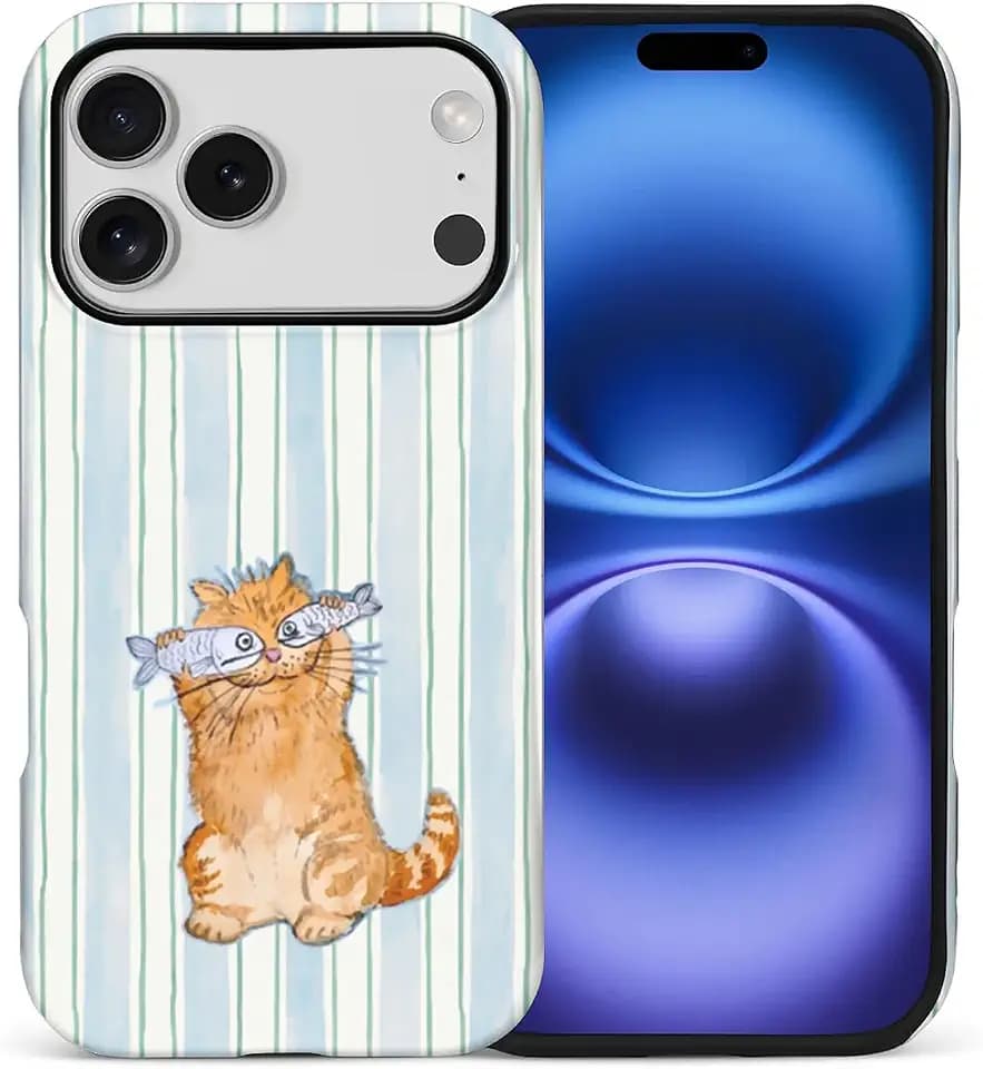 for iPhone 17 Pro/iPhone 18 Pro Case,Hybrid 2-Layer Hard Shell + Silicone Protective Case -Resistant Shockproof- A Naughty Cat with Blue Stripes Eating Fish