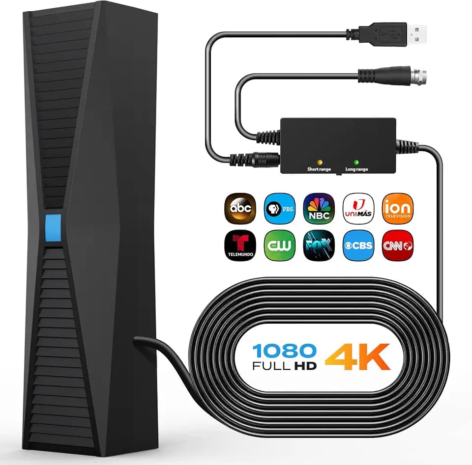 2025 Antenna for smart TV, Long Range TV Antenna Indoor/Outdoor with 360° Signal Booster, Digital TV Antenna for Local Channels, Supports All Smart/Old TVs and 4K 1080P VHF UHF