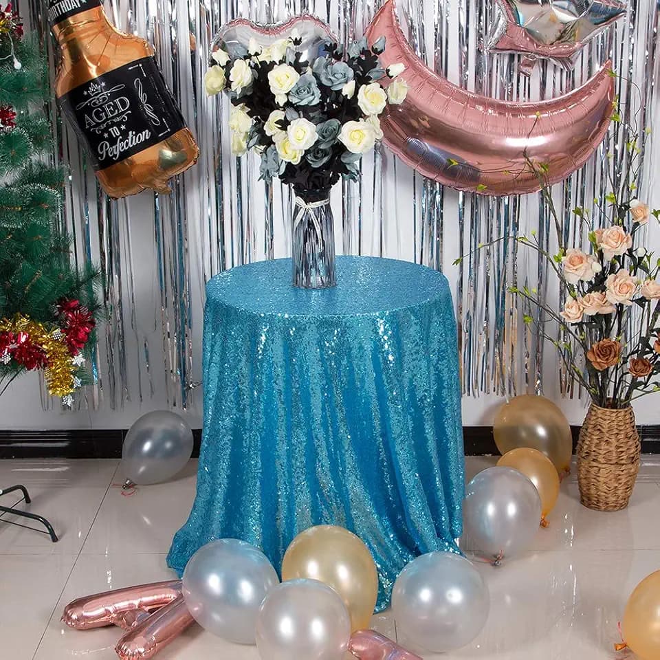 JYFLZQ Turquoise Sequin Tablecloth Glitter Party Table Cover 70 Inch Round