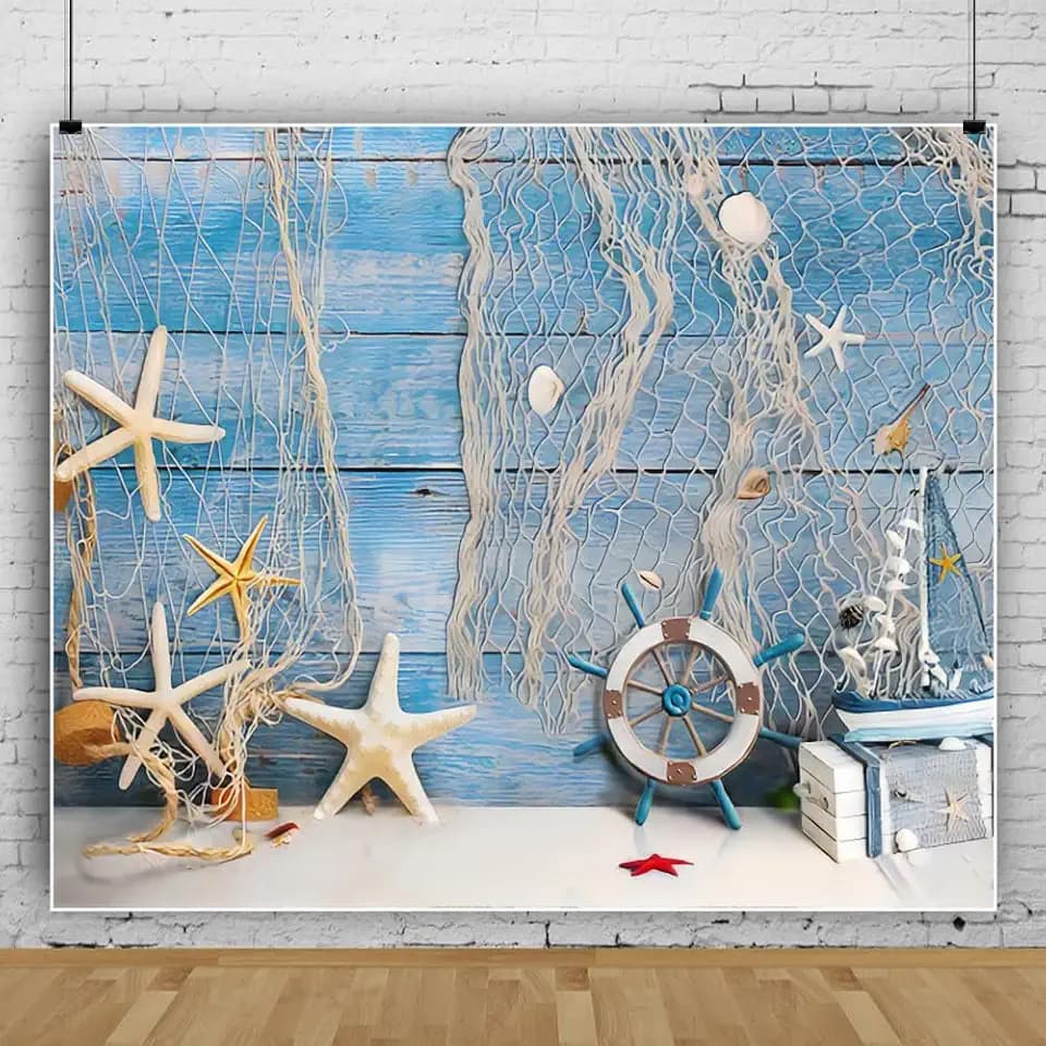 10x8ft Summer Nautical Backdrop Blue Wooden Coastal Nautical Photo Backdrops for Photography Baby Shower Birthday Background Beach Theme Party Decorations Portrait Photoshoot Photo Props