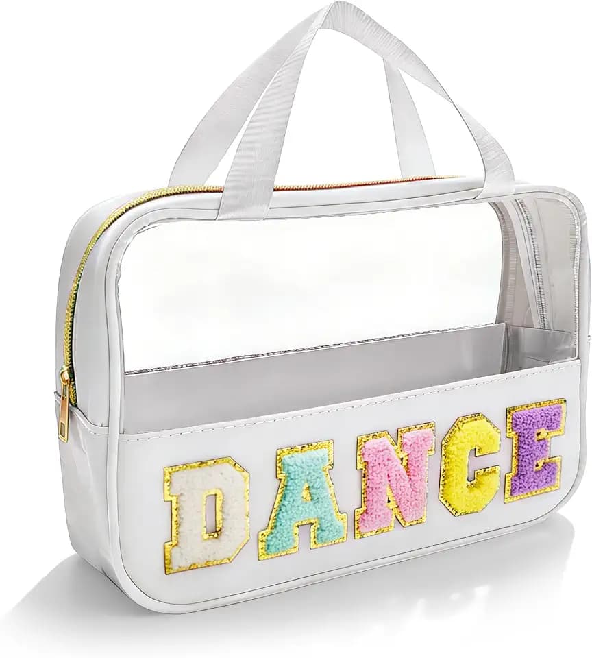 Dance Makeup Bag, Dance Recital Gifts for Girl Women, Chenille Letter Patch Clear Ballet Cosmetic Bag with Handle and Zipper, Waterproof Nylon Travel Toiletry Make Up Bag, Dance Competition Must Haves