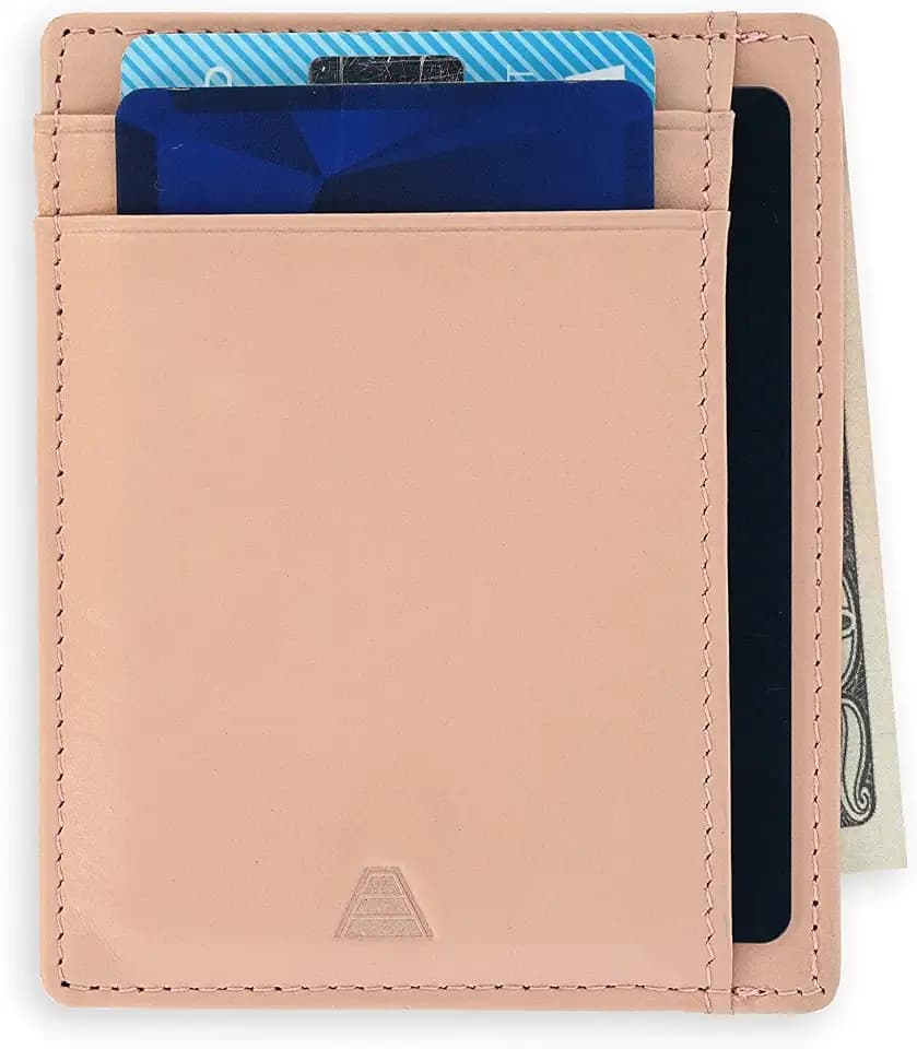 Andar Leather Slim Wallet, Minimalist Front Pocket RFID Blocking Card Holder Made of Full Grain Leather - The Scout (Blush)