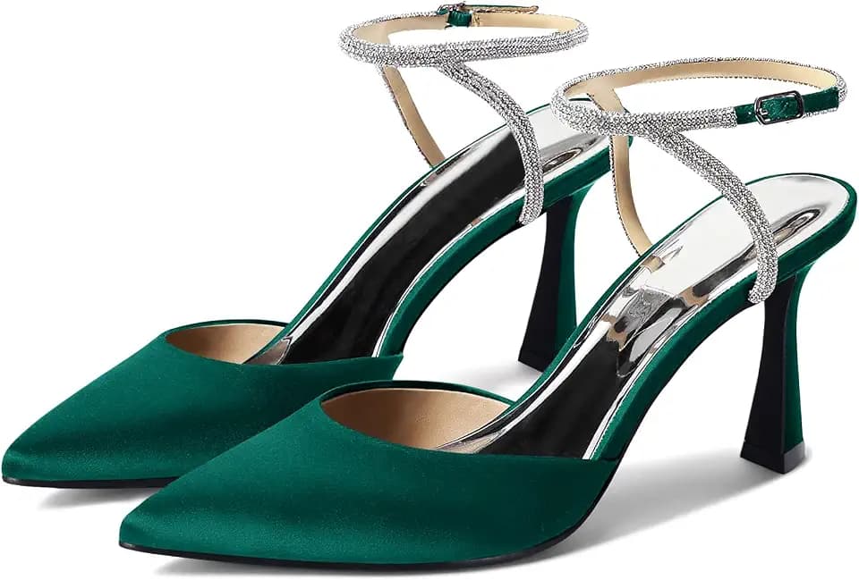 Coutgo Women Rhinestone Heels Kitten High Satin Pumps Pointed Toe Sparkly Sexy Wedding Dress Shoes
