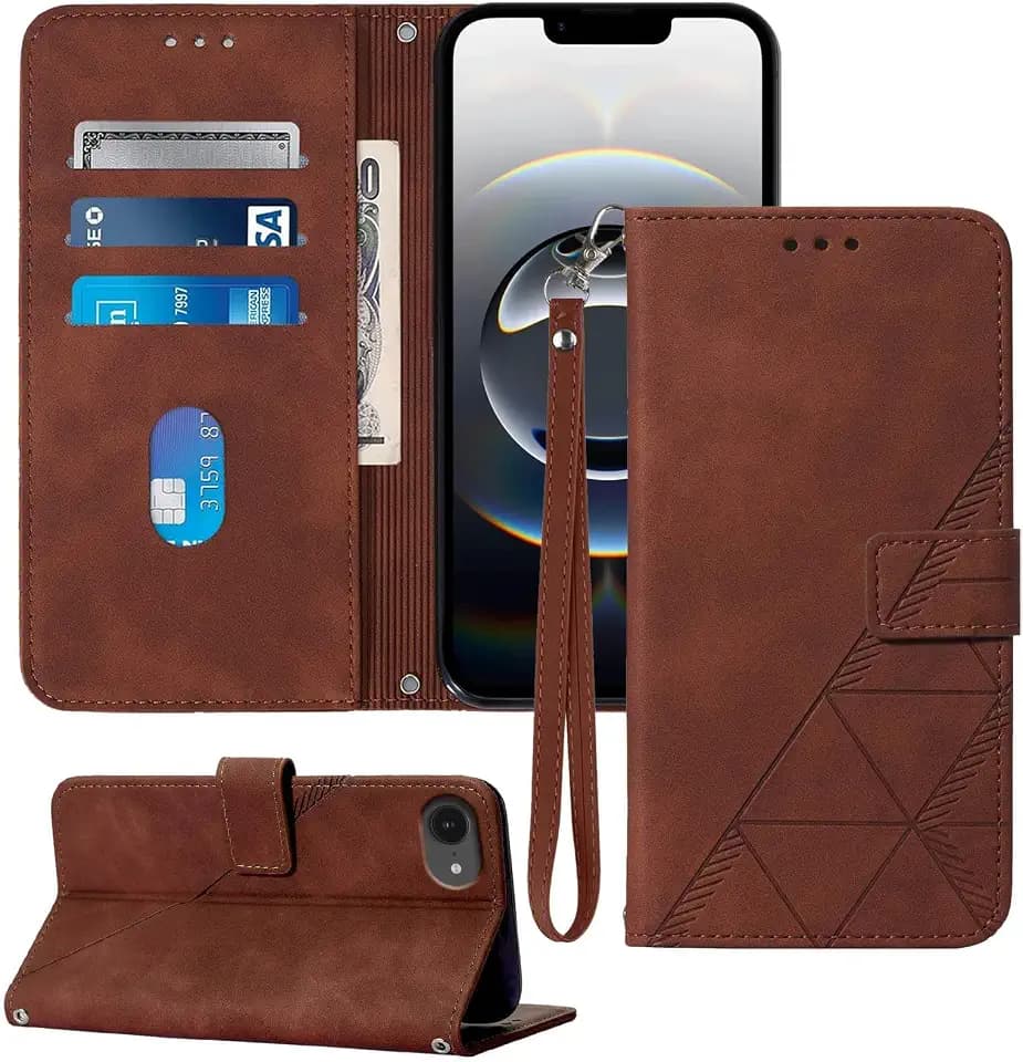 Flip Wallet Case for iPhone 17e/16e, Wrist Strap, Brown