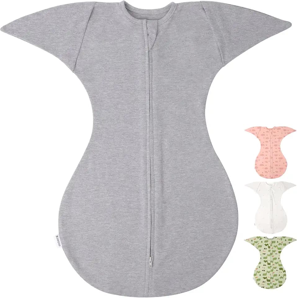 Pucksack Baby Übergangsschlafsack mit Anti-Erschrecken Funktion, Arme hoch Position, Baby Schlafsack mit Doppelreißverschluss für einfaches Windelwechseln (Grau, 0-3 Monate)