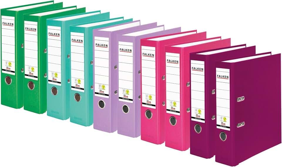 FALKEN 10x PP-Color Ordner 8cm breit DIN A4 5 Pastellfarben sortiert | je 2x türkis, flieder, brombeere, pink, hellgrün, Made in Germany Vegan Kunststoffbezug außen Papierbezug innen