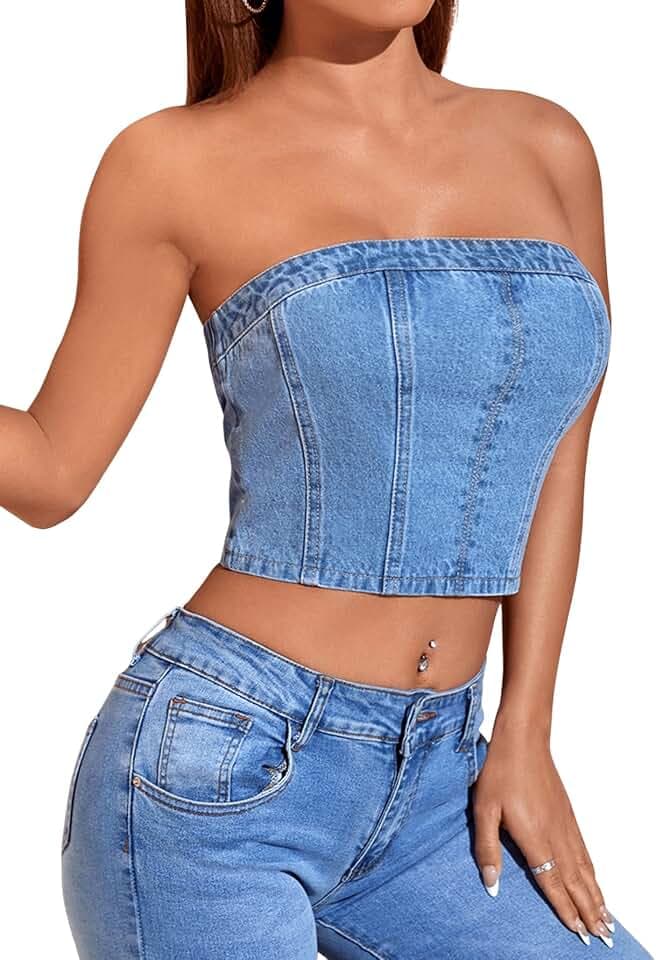 SweatyRocks Women's Casual Slim Fit Tube Denim Top Solid Elastic Trim Pullover Crop Tops