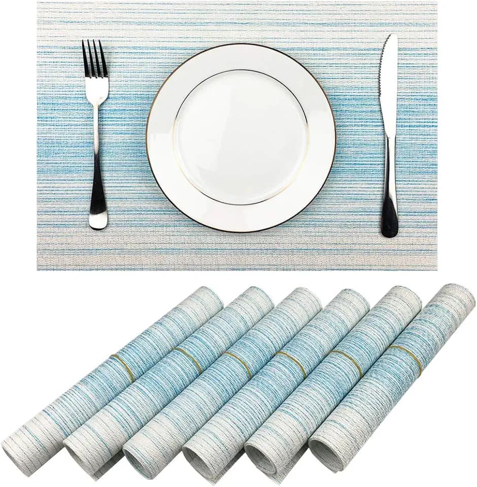 WAZAIGUR Placemats Set of 6, Woven Vinyl Table Placemats, Blue with White