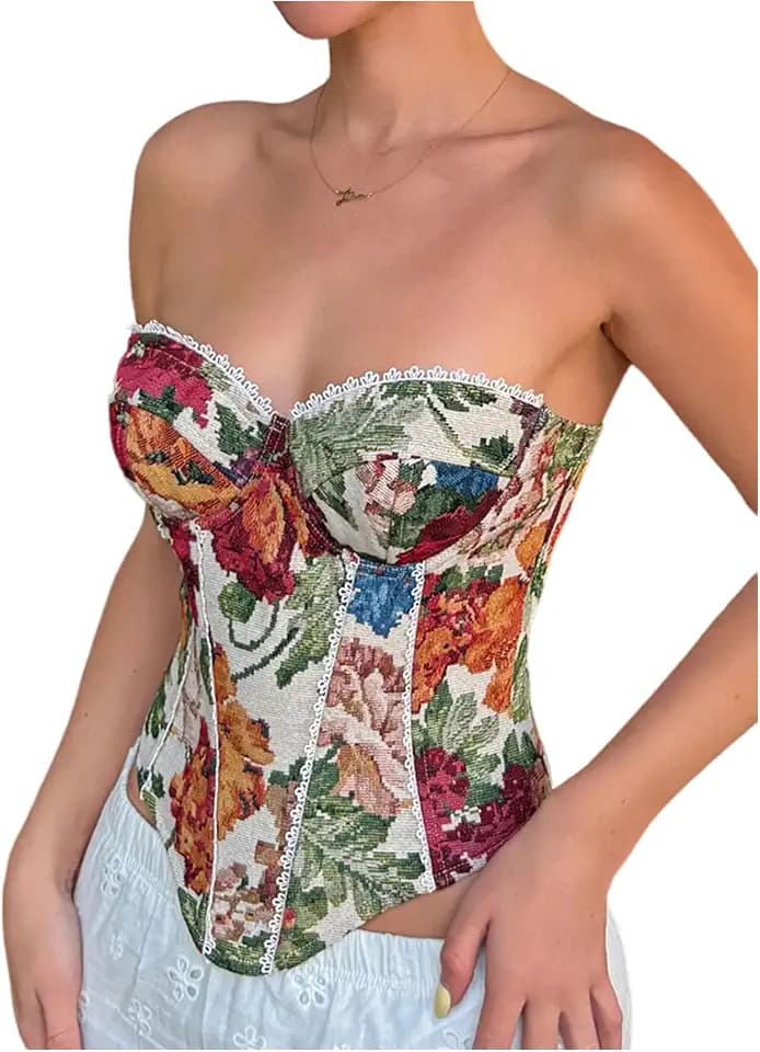 RoseSeek Women's Vintage Floral Strapless Corset Top Bustier Crop Tops