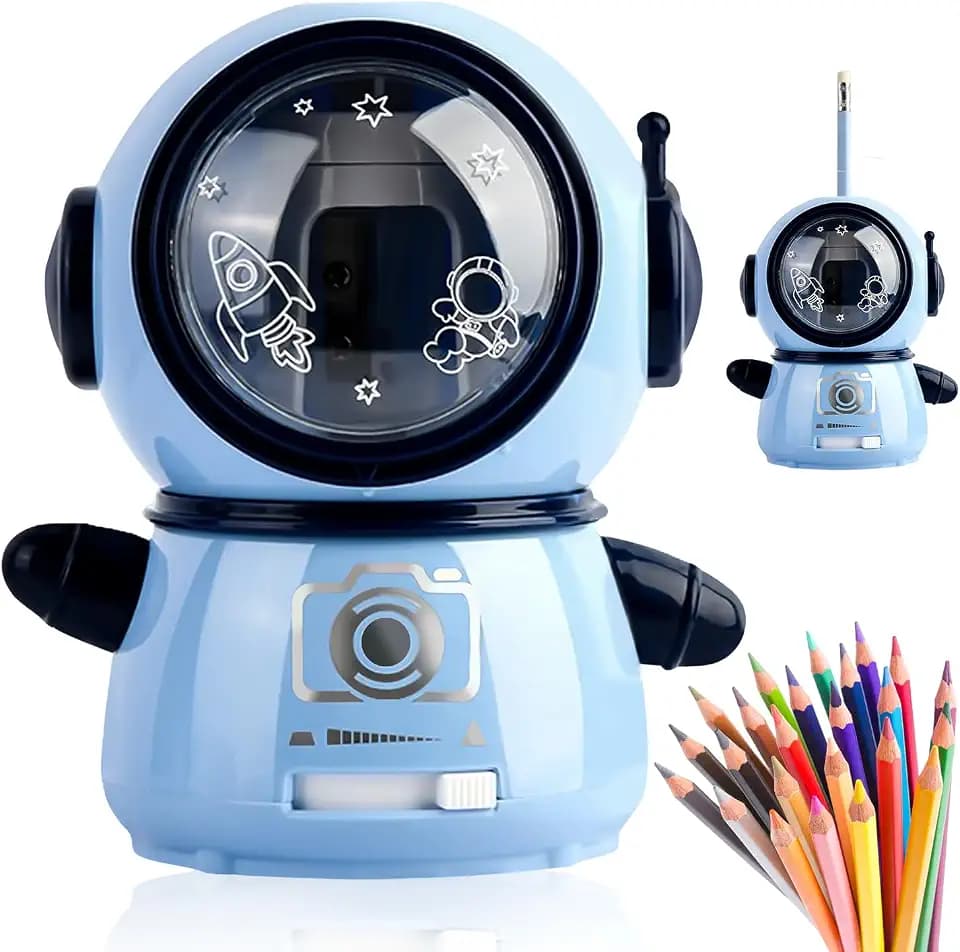 Nizirioo Elektrischer Anspitzer für Kinder: Automatisch mit drei einstellbaren Modi, Behälter und Astronaut-Design für Skizzenräume