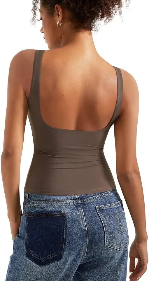 SUUKSESS Women Padded Open Back Boat Neck Tank Top Double Lined Basic Shirt