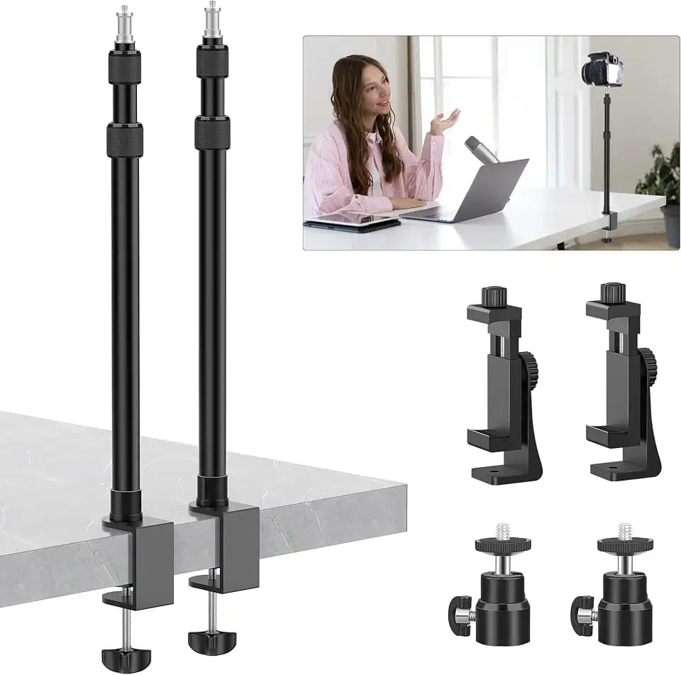 2 Pack Desk Mount with 1/4" & 3/8" Screws, Ball Head, 17-41" Adjustable Aluminum Stand, for DSLR & Ring Light