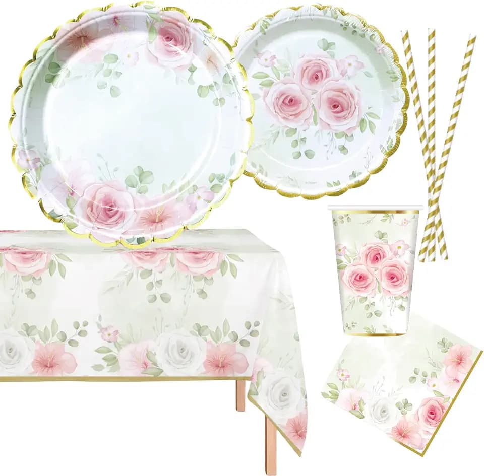 Serves 24 Complete Vintage Floral Party Supplies, Includes Paper Plates, Cups, Napkins, Straws and 2 Table Covers Ideal for Baby Showers, Weddings, Birthdays, Tea Party, floral theme parties