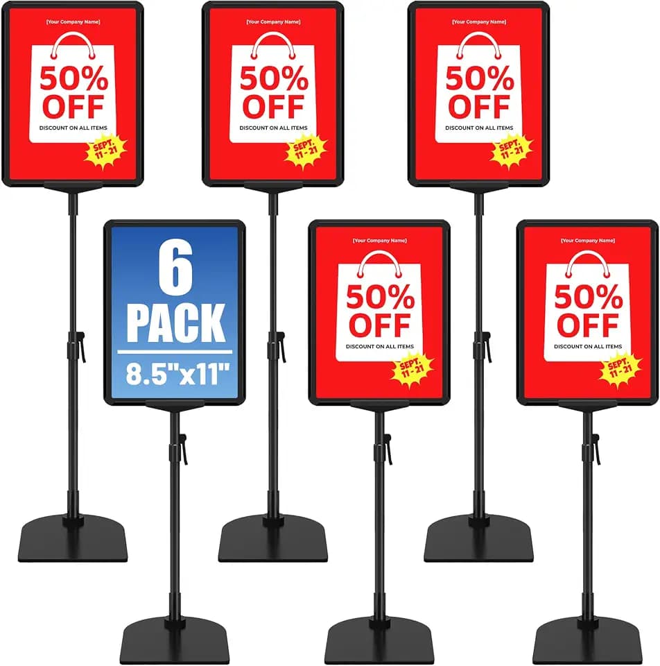 6Pack Sign Stand for Display 8.5 x 11, Adjustable Poster Stand for Table Top & Floor, Floor Standing Sign Holder, Signage Stands for Business, Tradeshow, Store, Farm Display Stands
