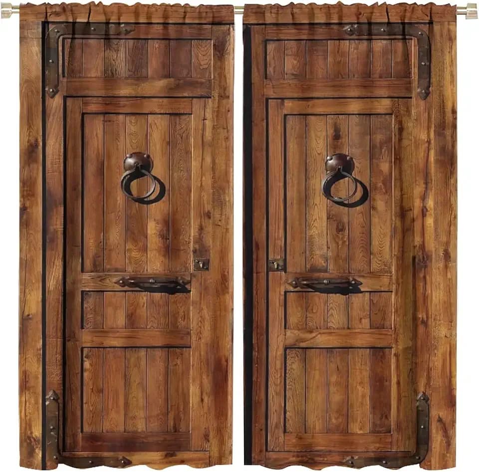 Rustic Wooden Barn Door Blackout Window Curtains, Vintage Wood Western Cowboy Country Barn Door Curtains, for Living Room Bedroom 42x45in 2 Panels