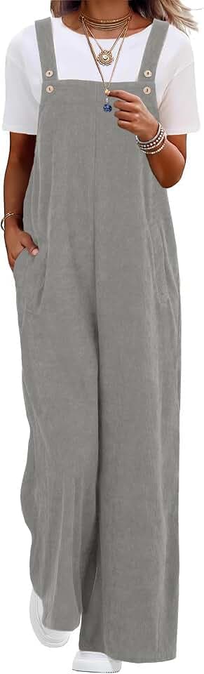 QIXING Damen Cord-Latzhose, weites Bein, Kord-Overall, lässiger Overall mit Taschen