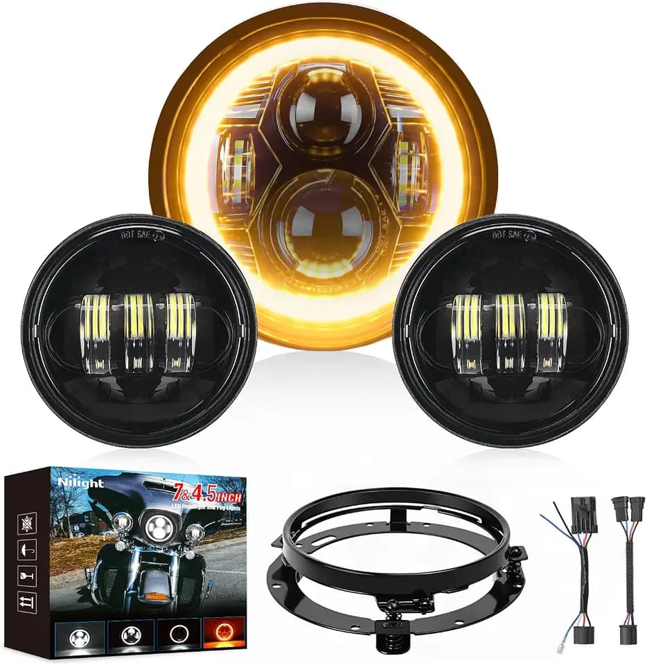 Nilight 7 Inch Motorcycle LED Headlight 4.5" Fog Lights Halo Turn Signal DOT Compatible with Harley Davidson Electra Street Glide Fat Boy Road King Heritage Softail CVO, Black