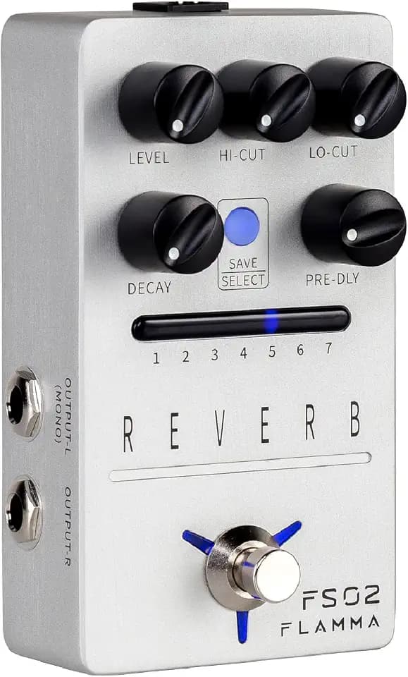 FLAMMA FS02 Reverb Pedal Stereo Gitarre Effekte mit 7 speicherbaren Preset Slots 7 Reverb-Effekte Zimmer Hall Kirche Höhle Platte Spring Mod True Bypass Trail On