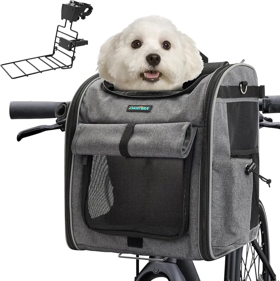 Hundekorb Fahrrad Vorne bis 10KG, Faltbarer Atmungsaktiver Hundefahrradkorb 4 in 1 Rucksack Schultertasche Autositz mit Robuste L-förmige Halterung Φ55mm, Bequemes Kissen, Reflektorstreifen