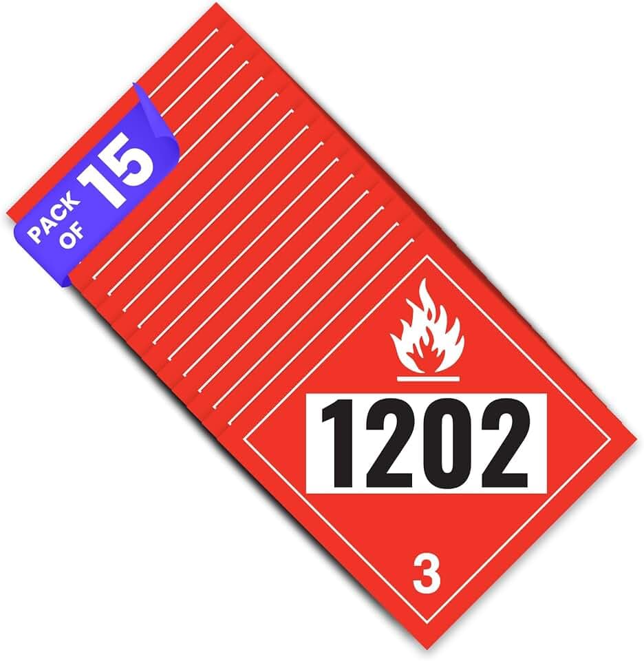 15 x 1202 Hazard Class 3 Signs | Diesel Fuel Warning No Open Flames No Smoking Vinyl Placards | Self-Adhesive, Weatherproof Safety Decals for Packages