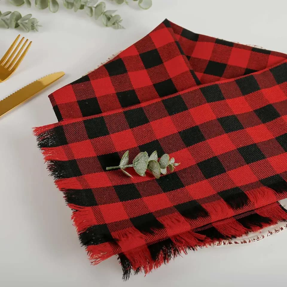 Red Black Plaid Cloth Napkins with Fringe Set of 8, Buffalo Checkered Cotton Napkins Washable, Oversized Gingham Napkins, Christmas Dinner Napkins for Wedding, Parties, Thanksgiving, Dinner Decor