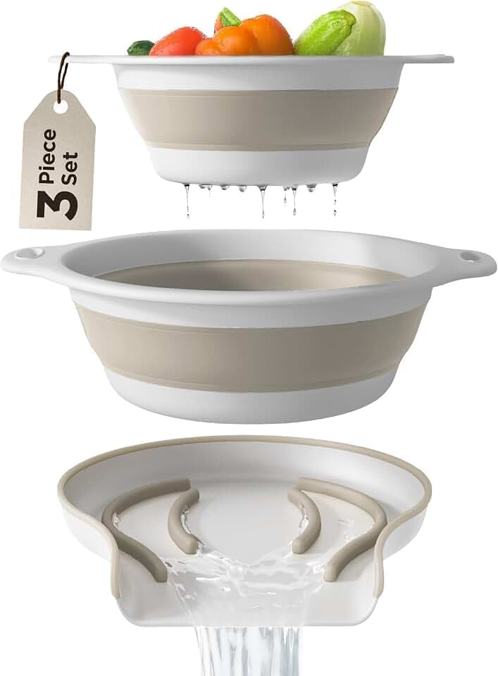 GEVOLI Faltbares Silikon Küchensieb Set mit Wasserablaufbasis für den Spülenrand – Klappbare Siebe zum Abtropfen von Nudeln, Gemüse und Obst, Platzsparend für Küche & Camping, Weiß/Beige (4 L & 5 L)
