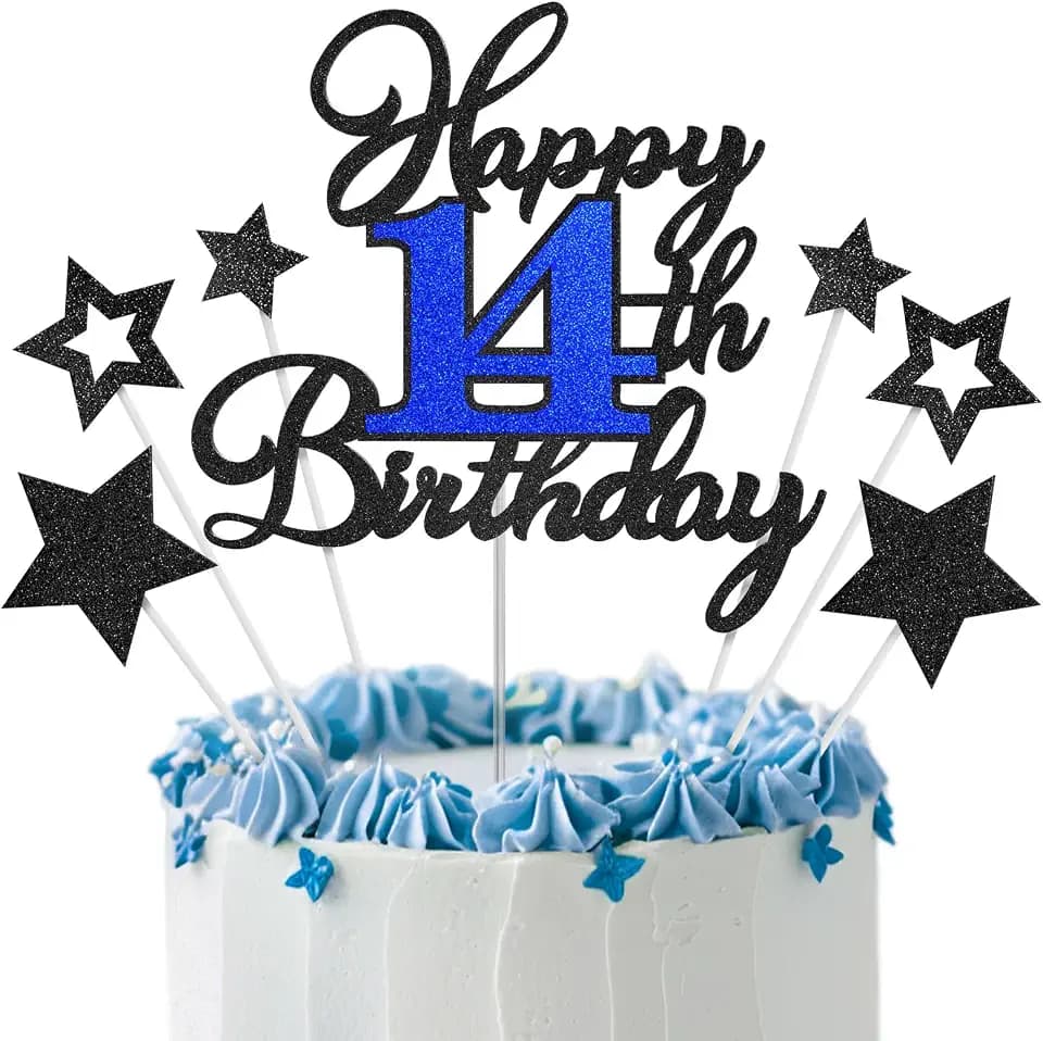 14th Birthday Cake Topper, Black Blue Happy 14th Birthday Cake Toppers