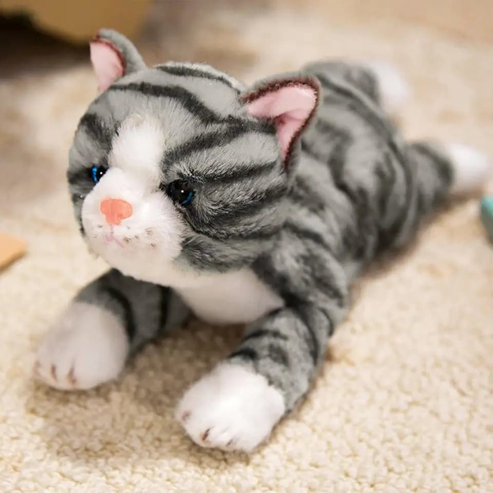 PEACH CAT Striped Cat Stuffed Animal 9.8" Realistic Kitten Plushies Soft Plush Toys Gifts for Kids Grey